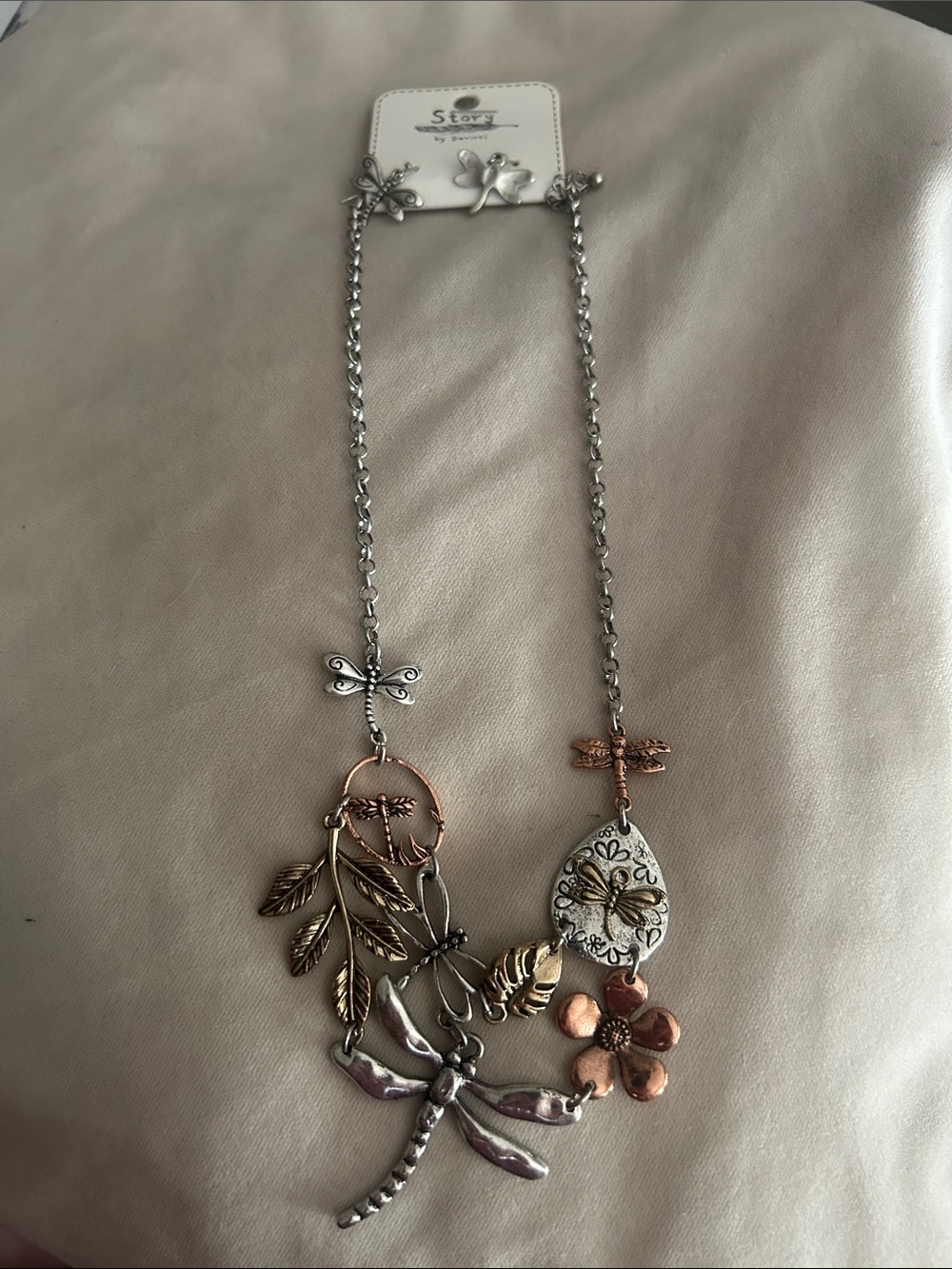 Mixed-Metal Dragonfly & Floral Pendant Necklace in Silver, Gold and Rose Gold
